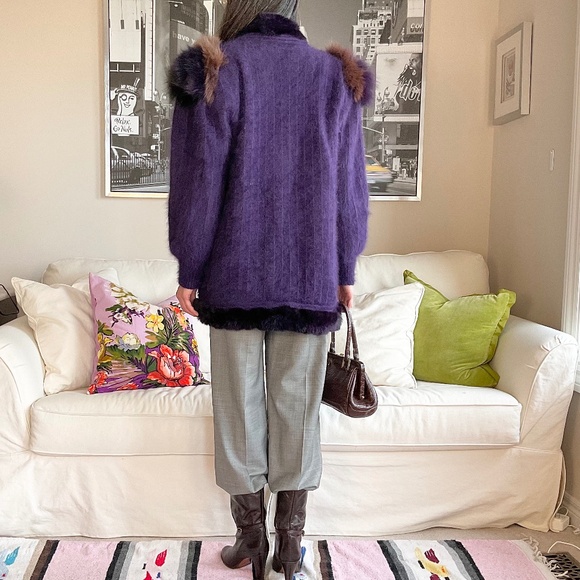 Purple knit angora jacket with fur trim - Picture 6 of 15